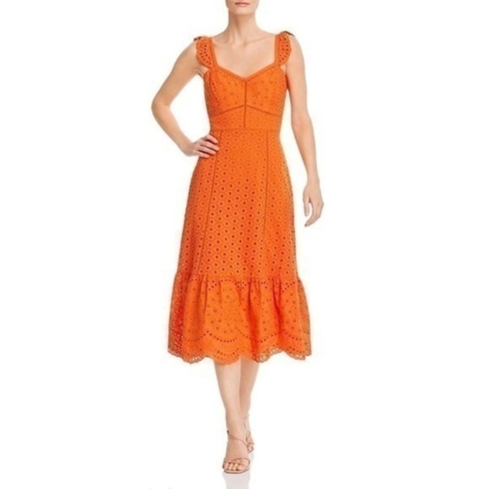 Parker New York Genevieve Amber Orange Eyelet Scalloped Cotton Midi Dress 0 NWT